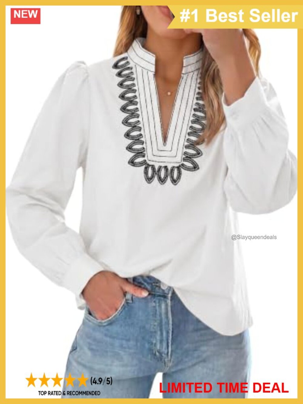Puff Short Sleeve V-Neck Embroidered Blouse Cuffed Sleeve Casual Top